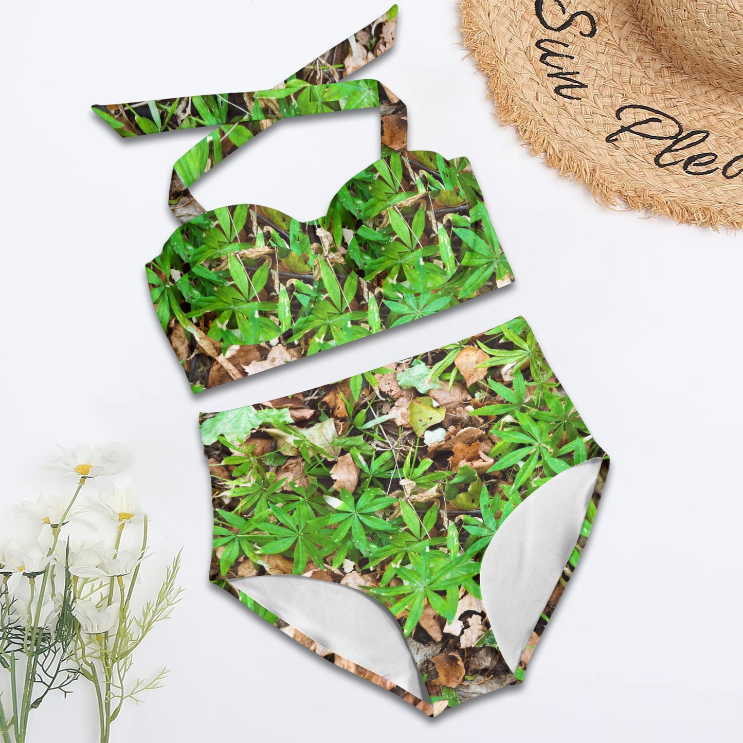 Camouflage Realistic Tree Fresh Print Halter Neck Bikini Swimsuit