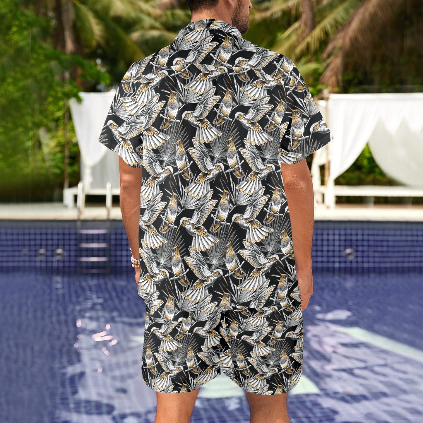 Hummingbird Gold Design Themed Print Men's Beach Shirt and Shorts Set
