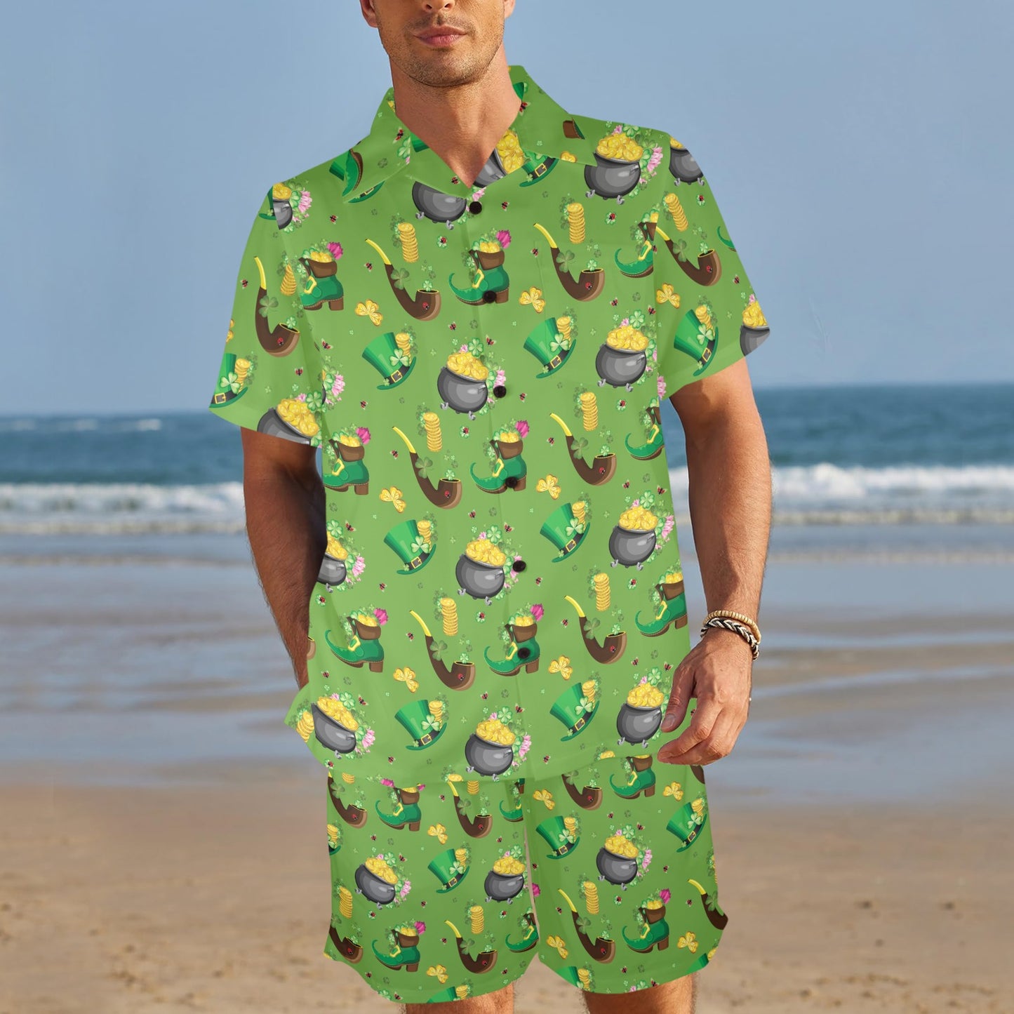 Shamrock Saint Patrick's Day Print Design LKS306 Men's Beach Shirt and Shorts Set