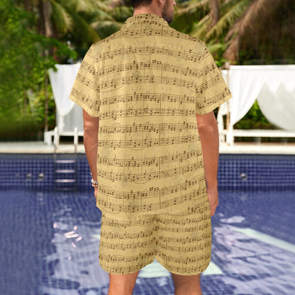 Music Note Vintage Themed Print Men's Beach Shirt and Shorts Set