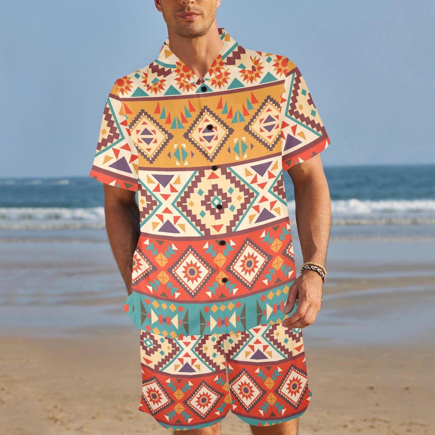 Navajo Pattern Print Design A01 Men's Beach Shirt and Shorts Set