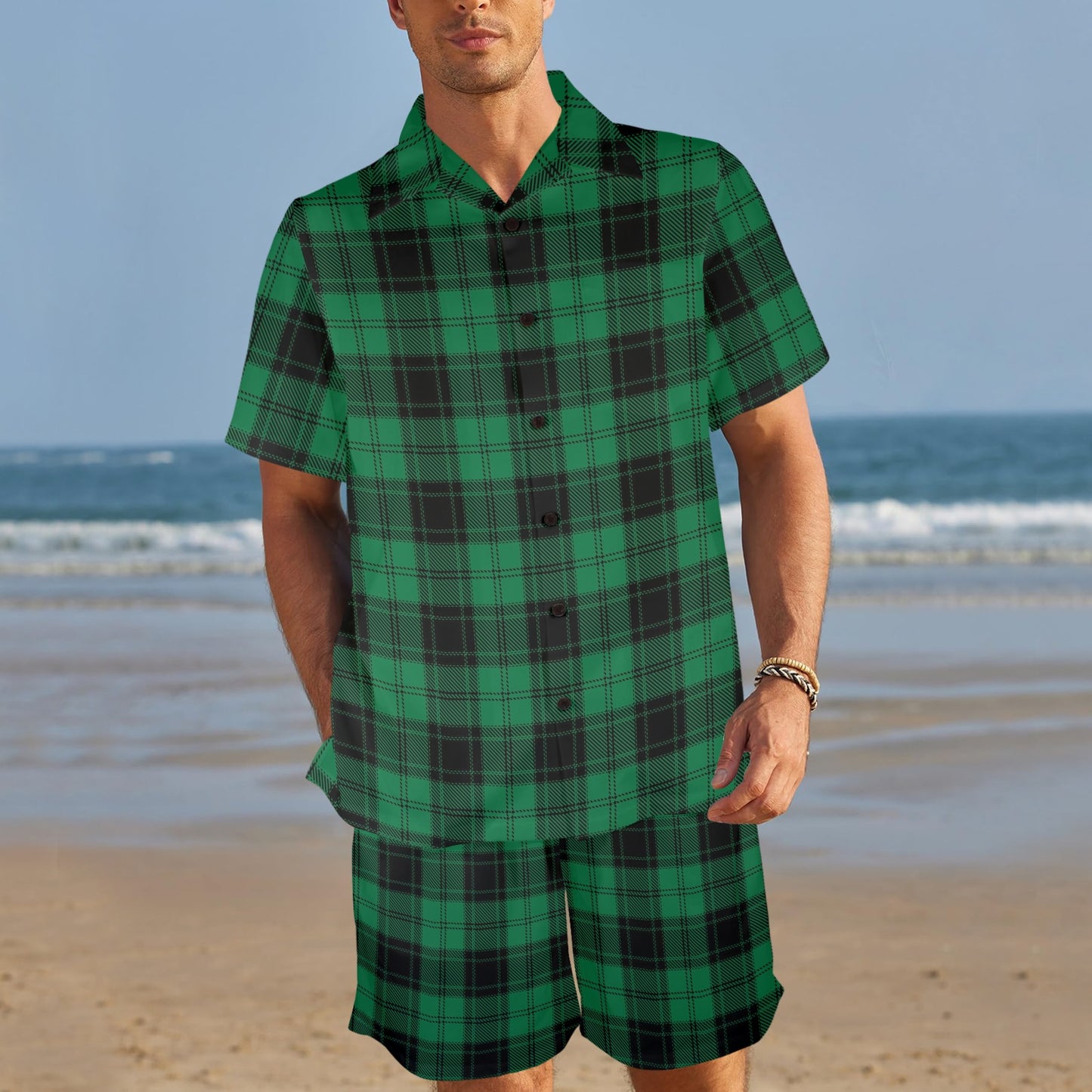 Tartan Green Print Design LKS302 Men's Beach Shirt and Shorts Set
