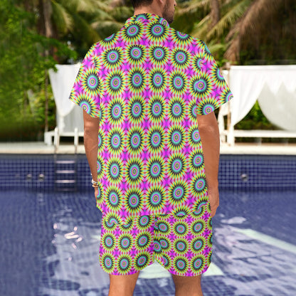 Optical illusion Flower Rainbow Style Men's Beach Shirt and Shorts Set