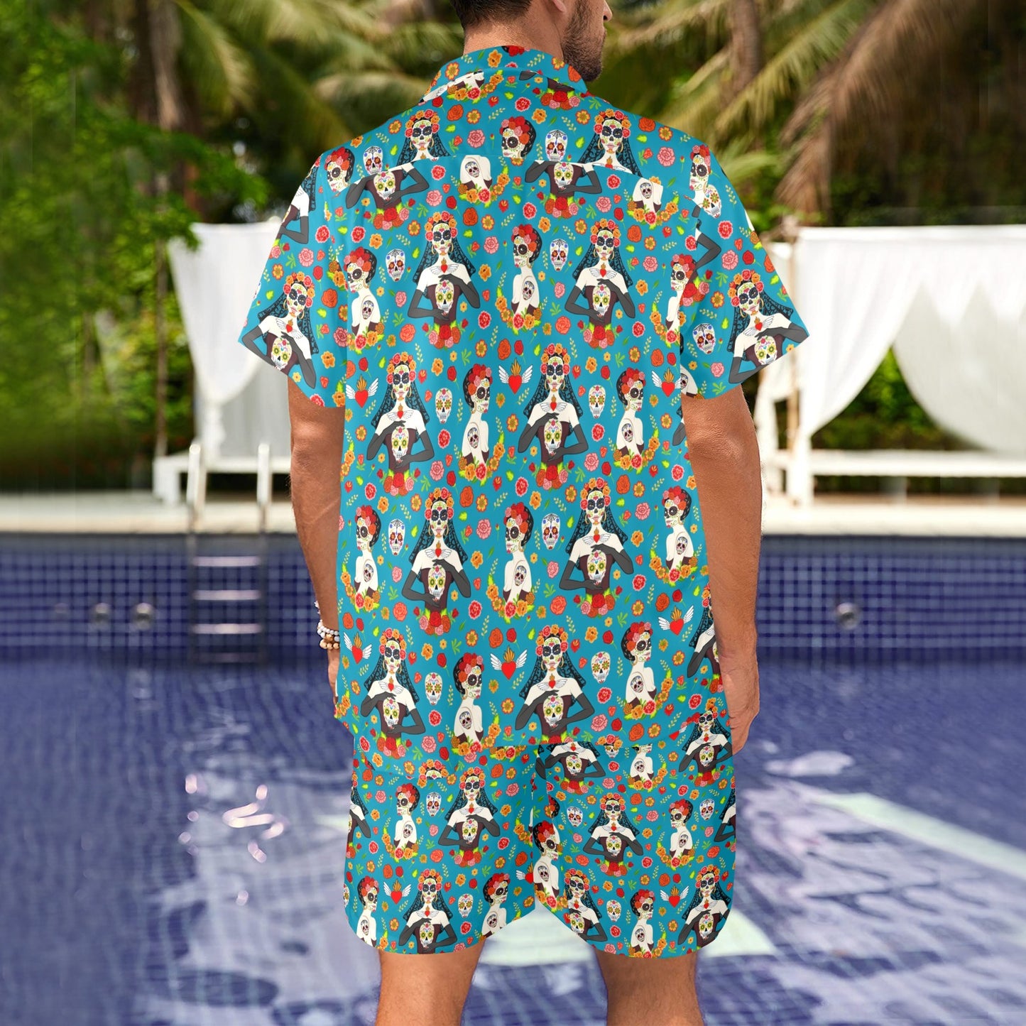 Day of the Dead Old School Girl Design Men's Beach Shirt and Shorts Set
