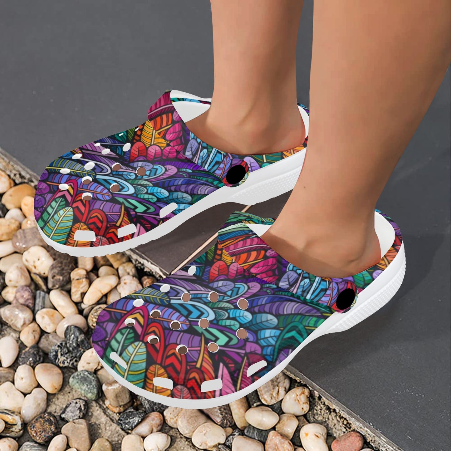 Feather Multicolor Design Print Unisex Clogs Shoes