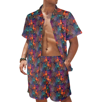 Rooster Print Style Men's Beach Shirt and Shorts Set