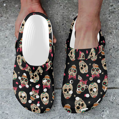 Sugar Skull Pink Bow Themed Print Unisex Clogs Shoes