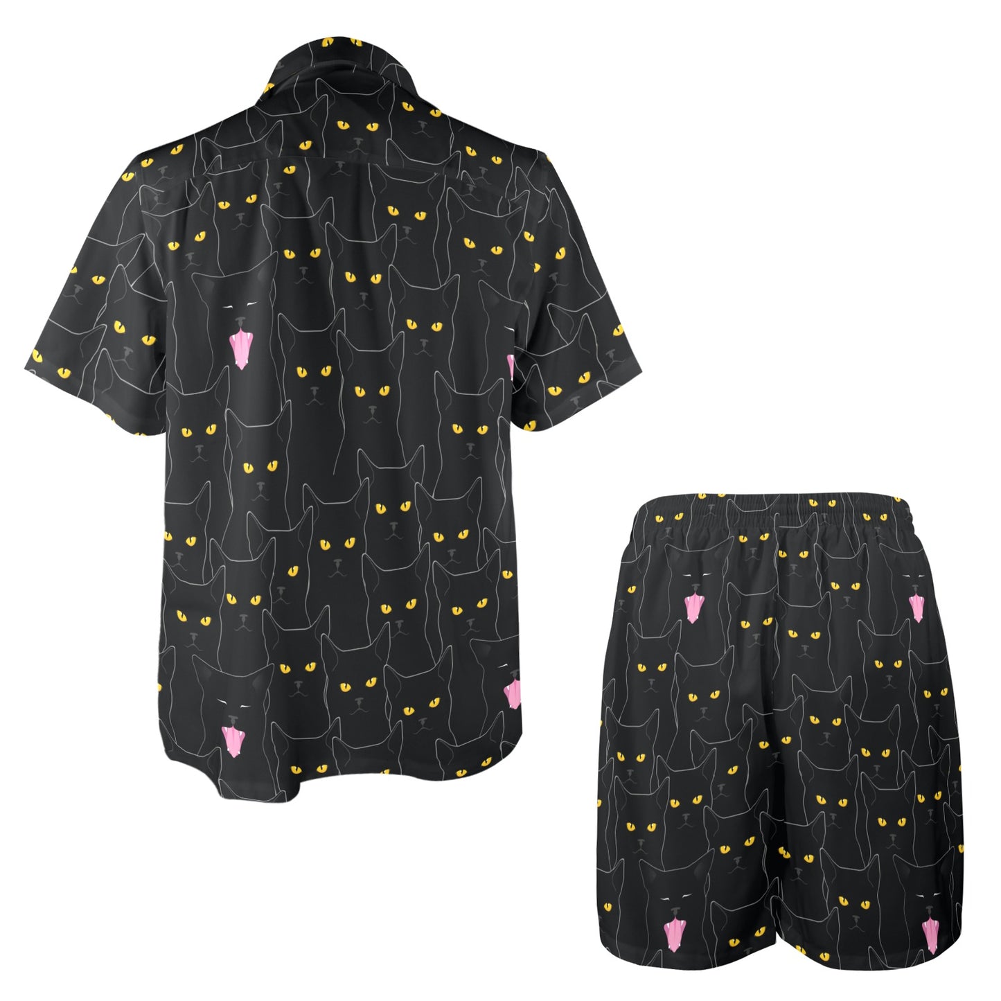 Black Cat Yellow Eyes Print Pattern Men's Beach Shirt and Shorts Set