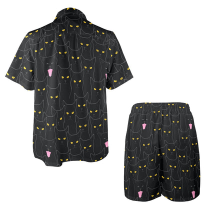 Black Cat Yellow Eyes Print Pattern Men's Beach Shirt and Shorts Set