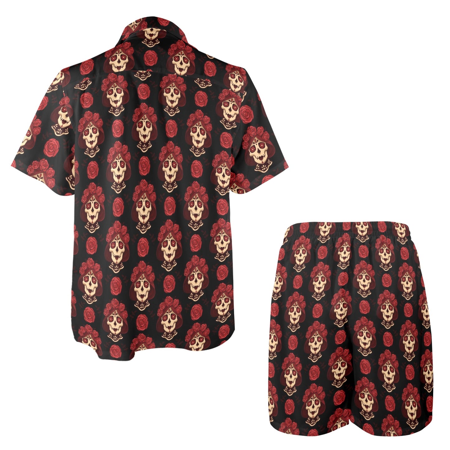 Day of the Dead Skull Girl Pattern Men's Beach Shirt and Shorts Set