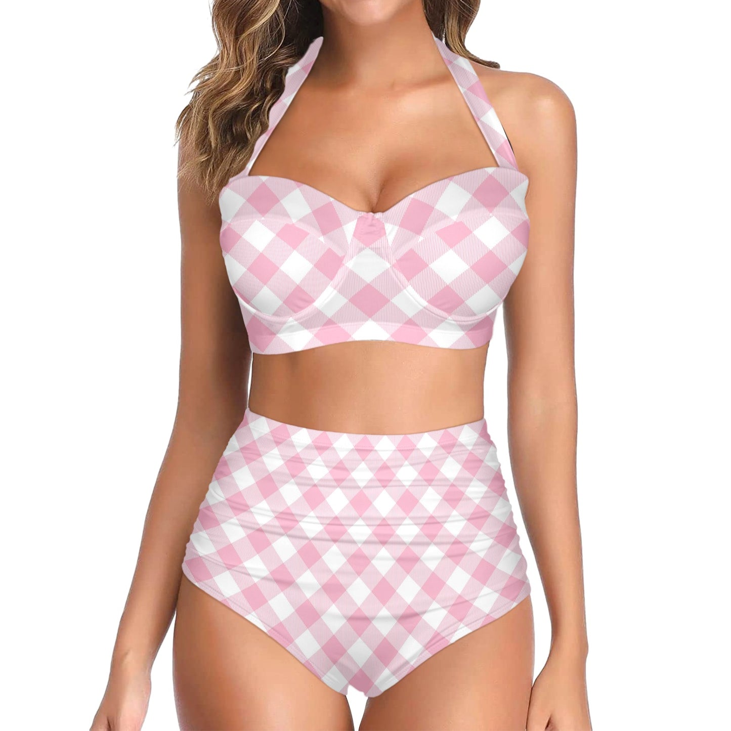 Gingham Pink Pattern Print Design 02 Halter Neck Bikini Swimsuit