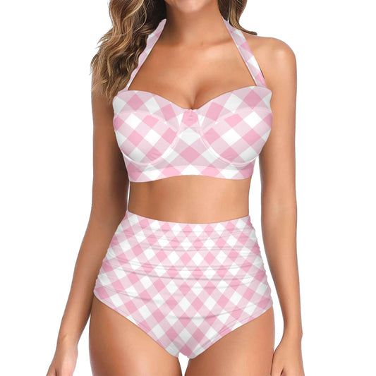 Gingham Pink Pattern Print Design 02 Halter Neck Bikini Swimsuit