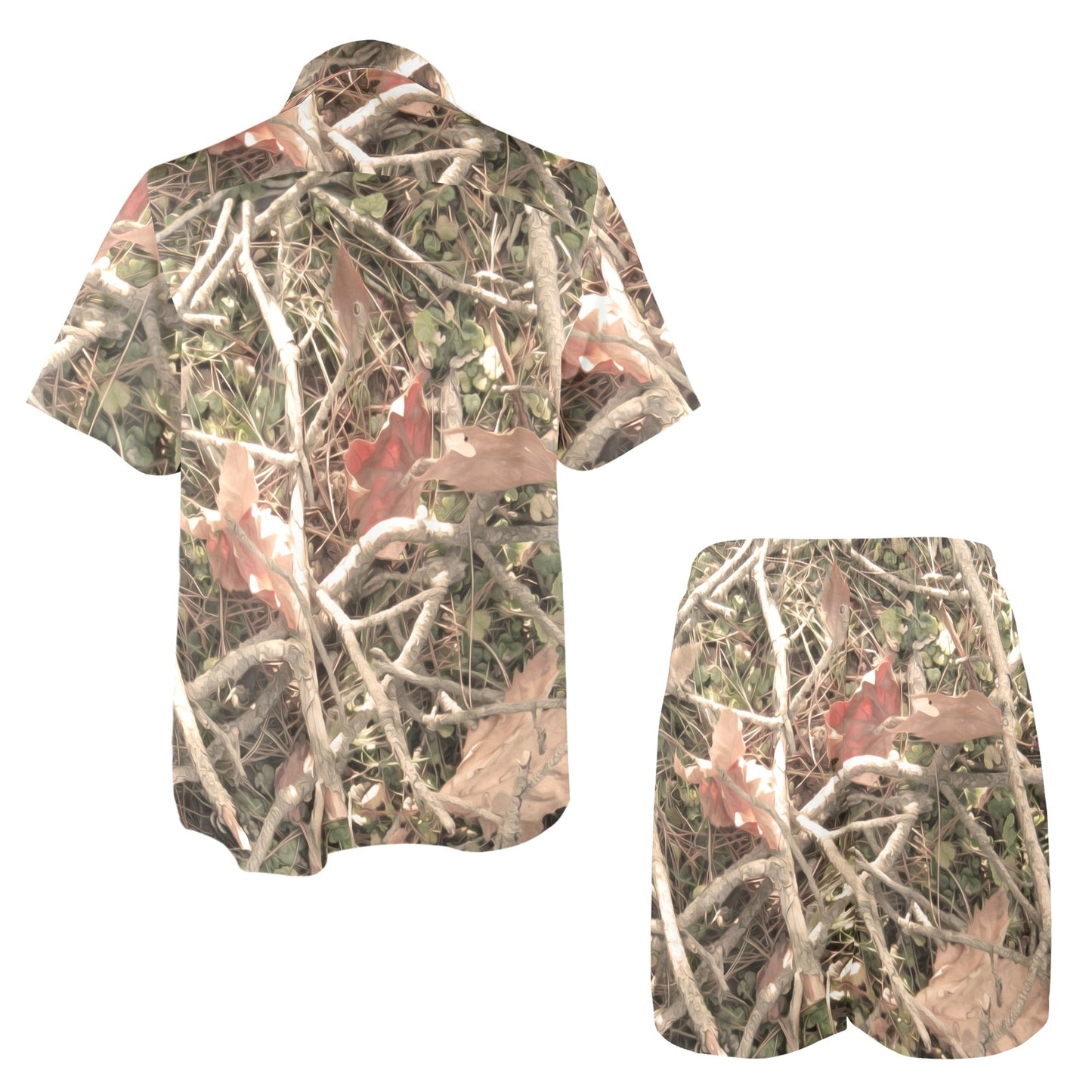 Camouflage Realistic Tree Authumn Print Men's Beach Shirt and Shorts Set