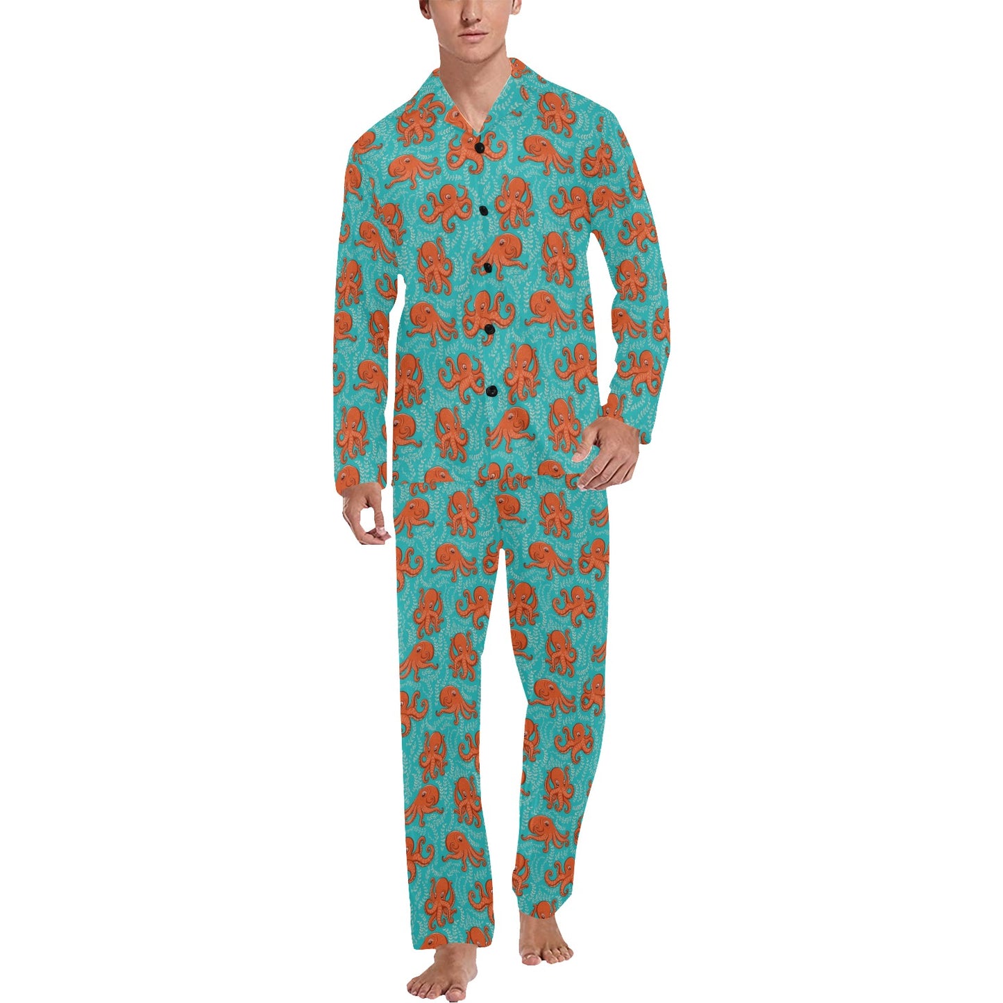 Octopus Cartoon Design Print Themed Men's Long Pajama Set