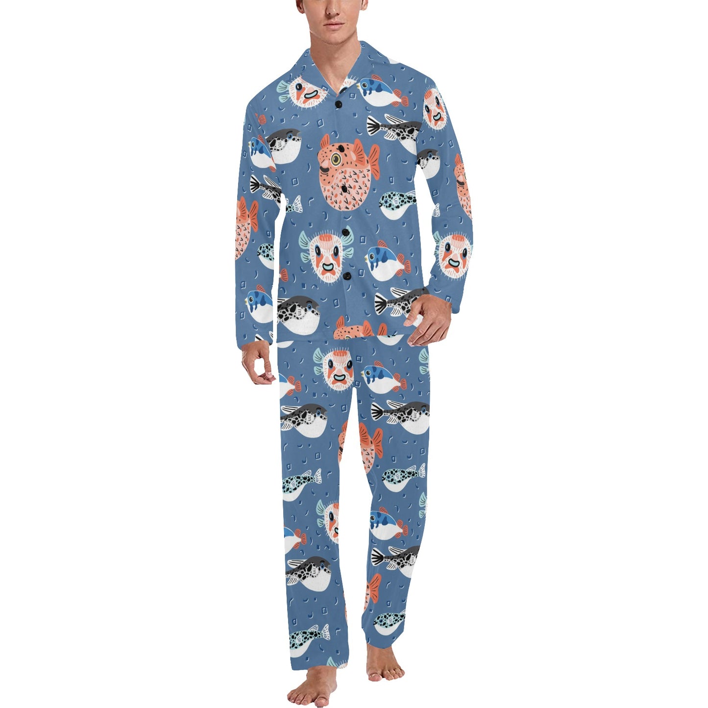 Fugu Pattern Print Design 02 Men's Long Pajama Set