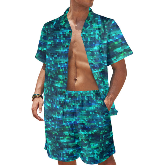 Mermaid Scales Pattern Print Design 06 Men's Beach Shirt and Shorts Set