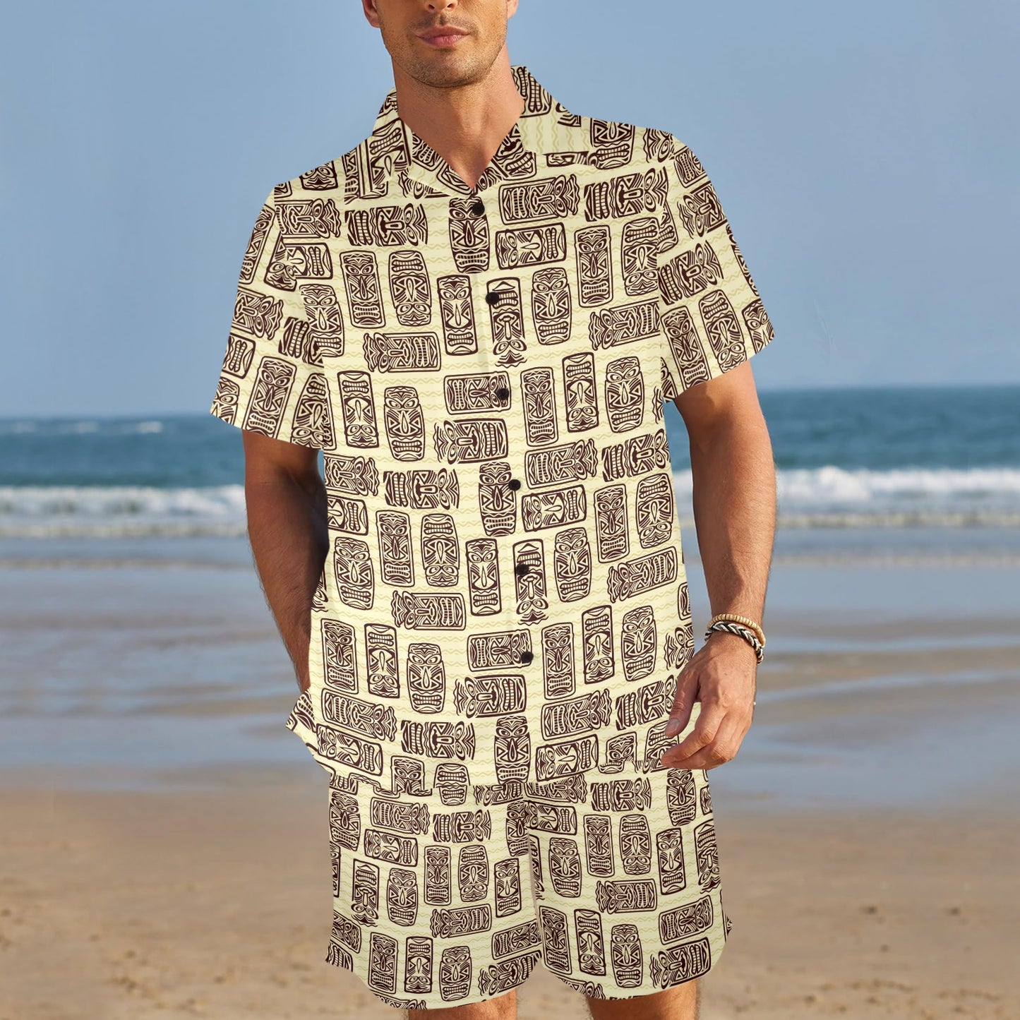 Tiki Brown Mask Print Men's Beach Shirt and Shorts Set