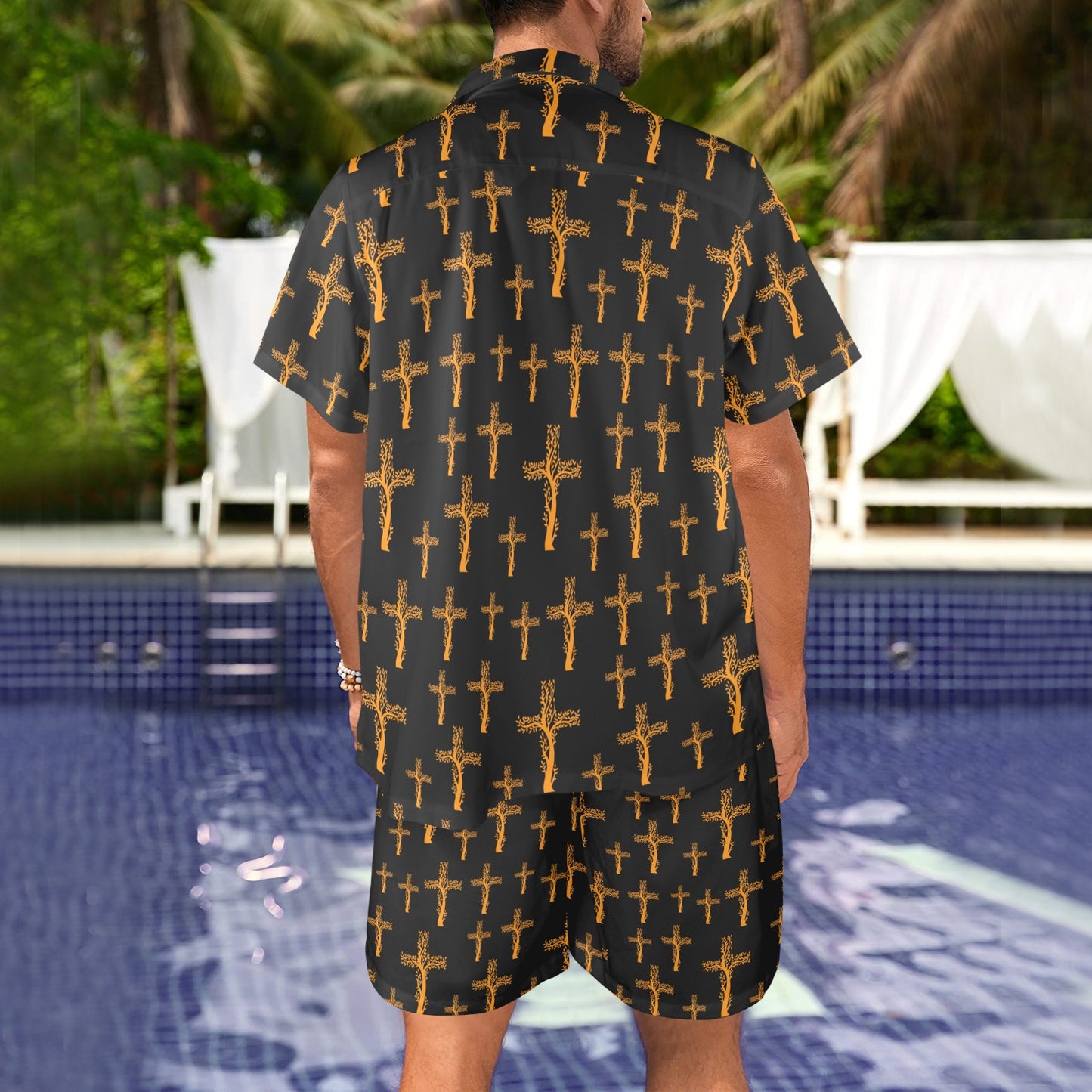 Christian Tree of Life Cross Design Men's Beach Shirt and Shorts Set