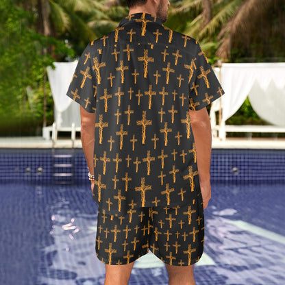 Christian Tree of Life Cross Design Men's Beach Shirt and Shorts Set