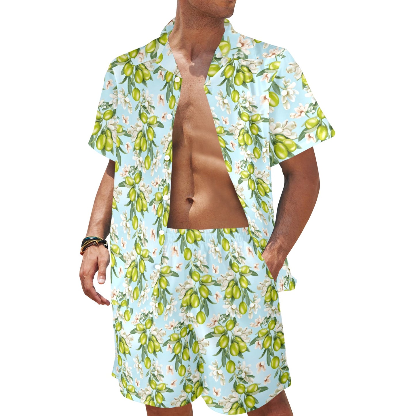 Elegant Olive Floral Print Men's Beach Shirt and Shorts Set