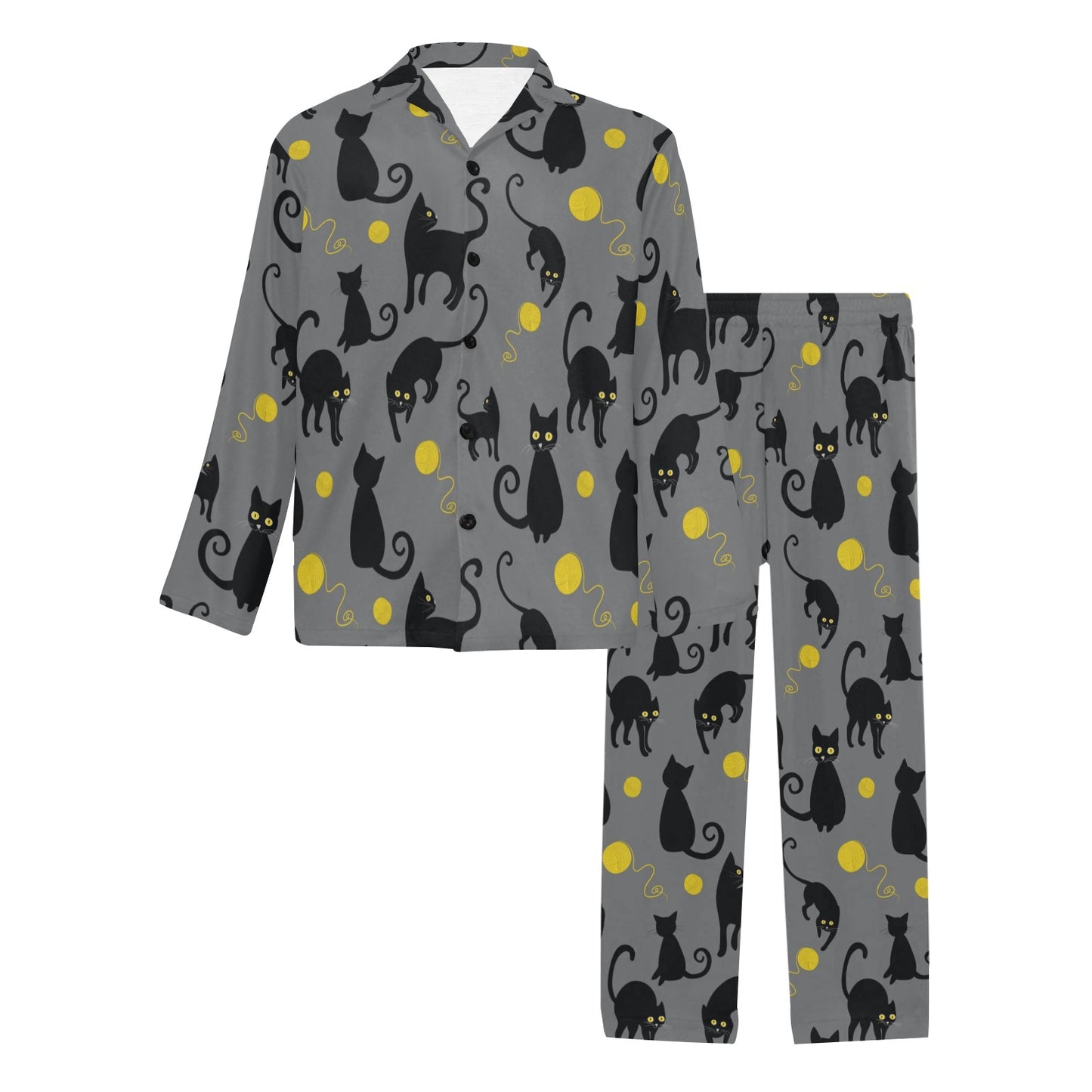 Black Cat Yellow Yarn Print Pattern Men's Long Pajama Set
