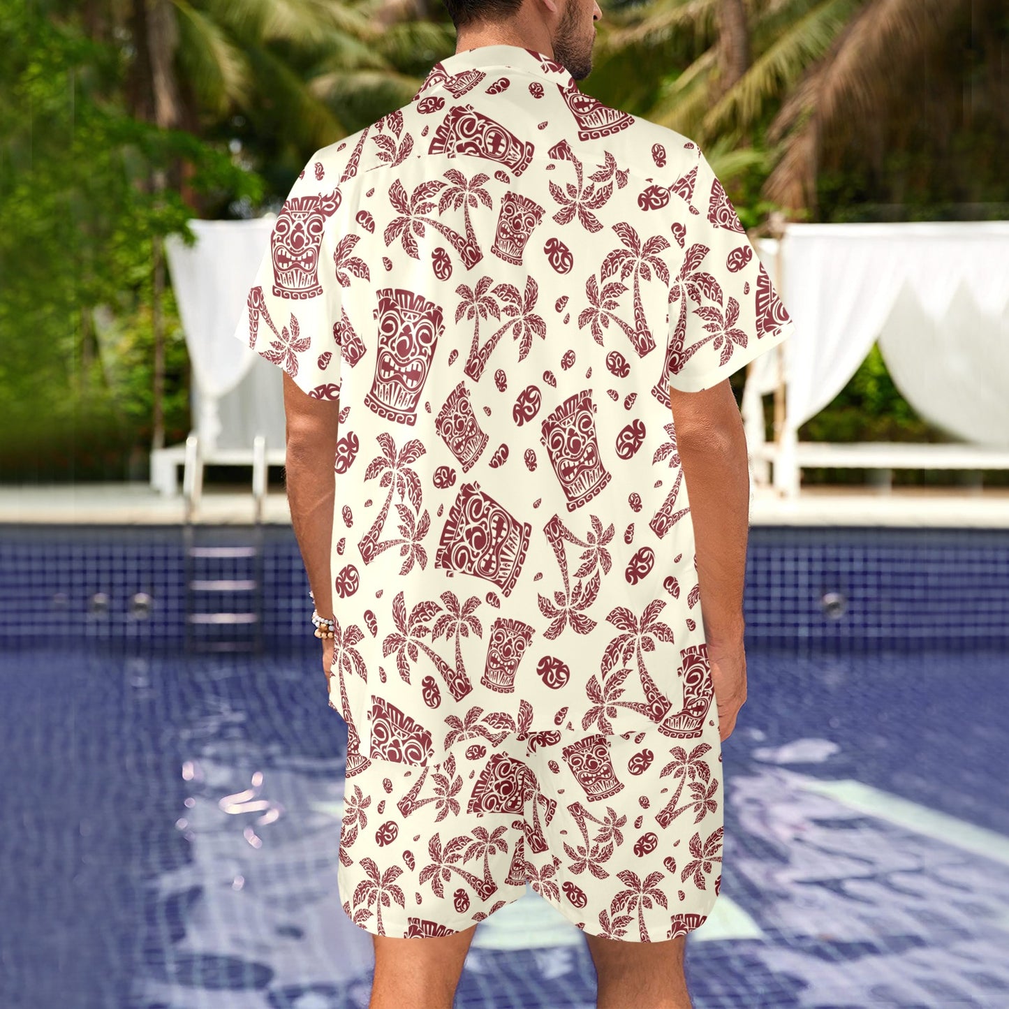 Tiki Tribal Mask Palm Tree Men's Beach Shirt and Shorts Set