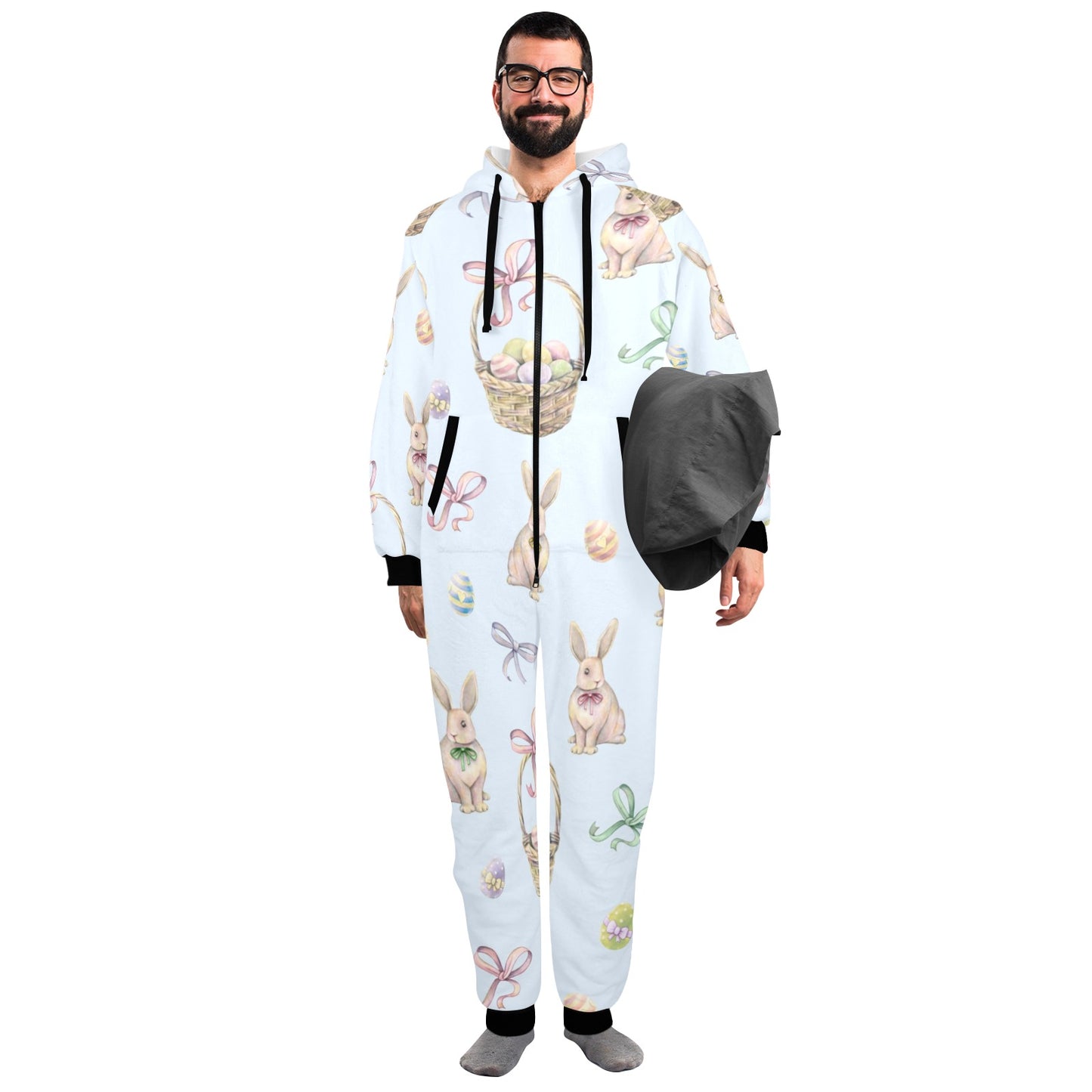 Rabbit Easter Eggs Pattern Print Design 03 Hooded Fleece Onesie Pajama Jumpsuit