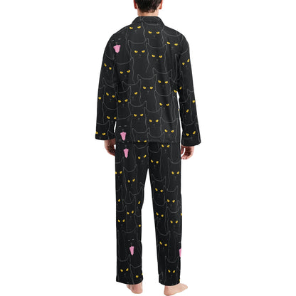 Black Cat Yellow Eyes Print Pattern Men's Long Pajama Set