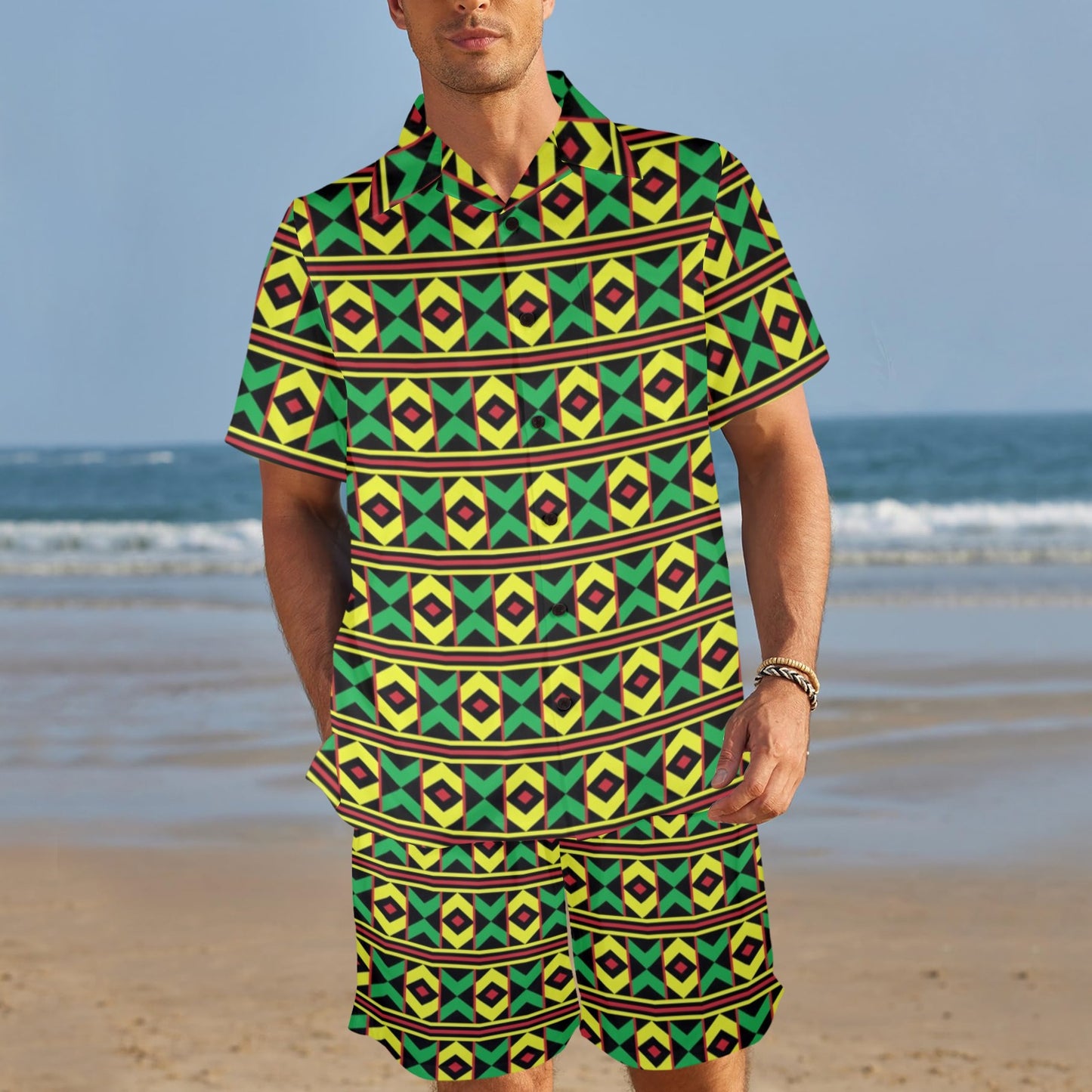 African Geometric Print Pattern Men's Beach Shirt and Shorts Set