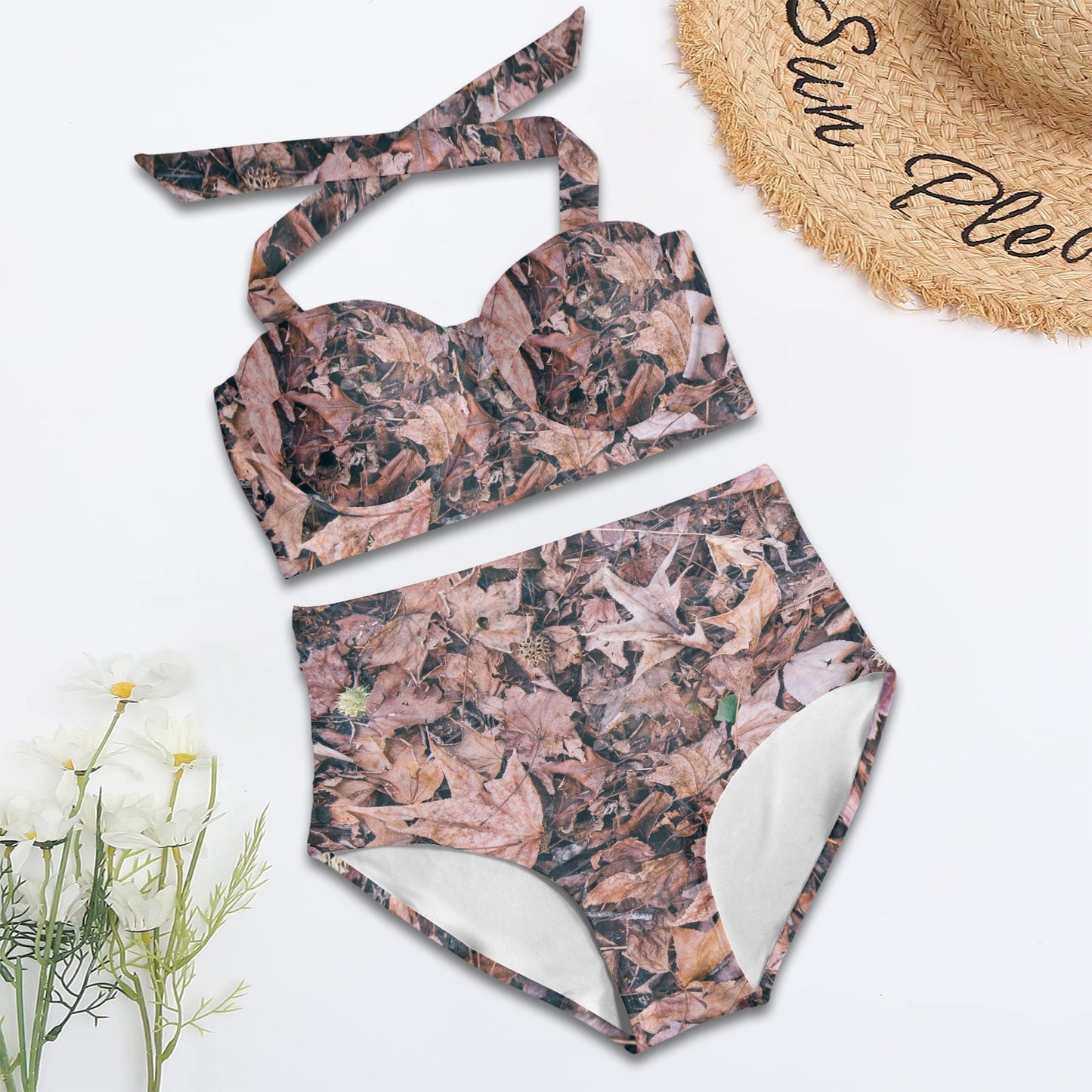 Camouflage Realistic Tree Leaf Print Halter Neck Bikini Swimsuit