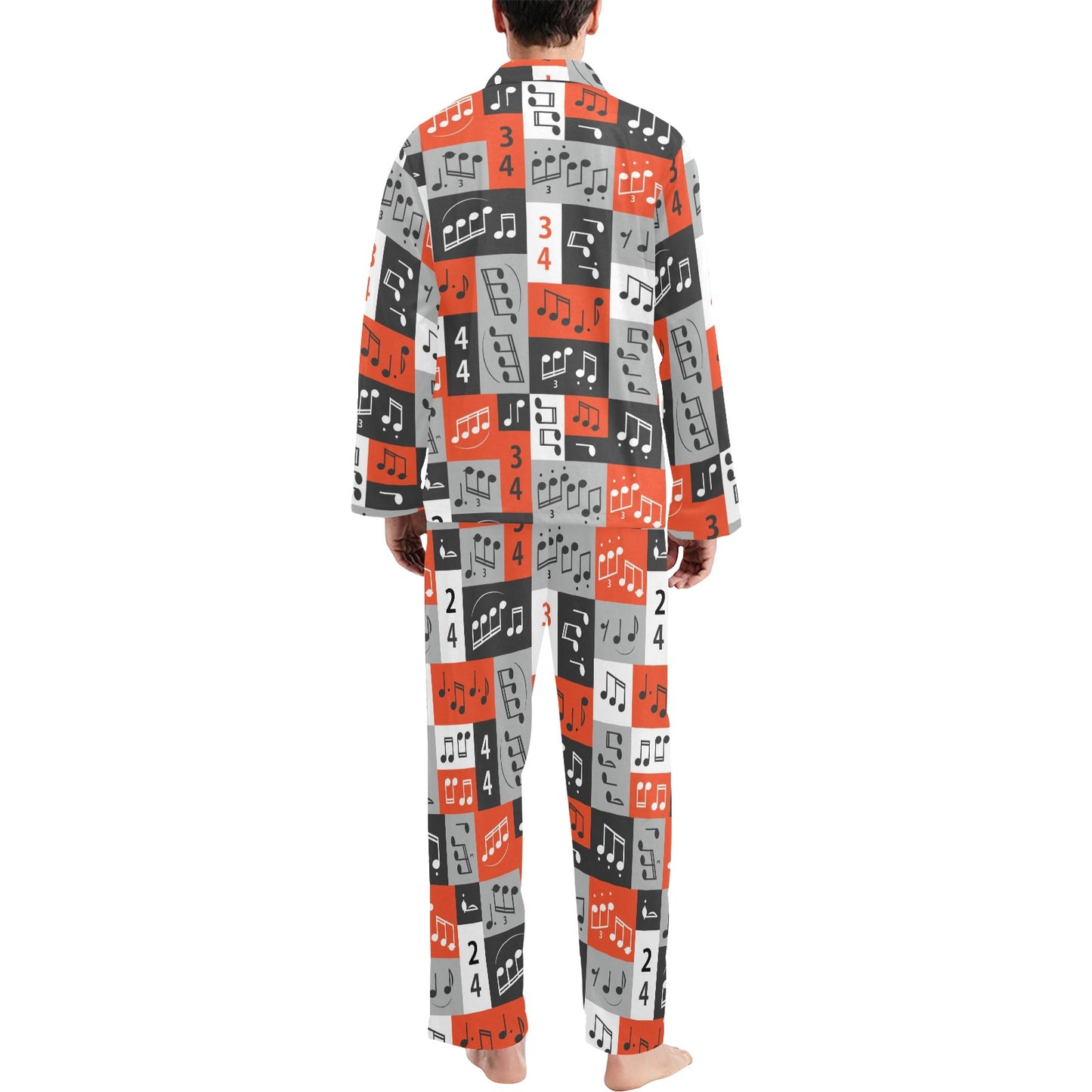Music Note Design Themed Print Men's Long Pajama Set