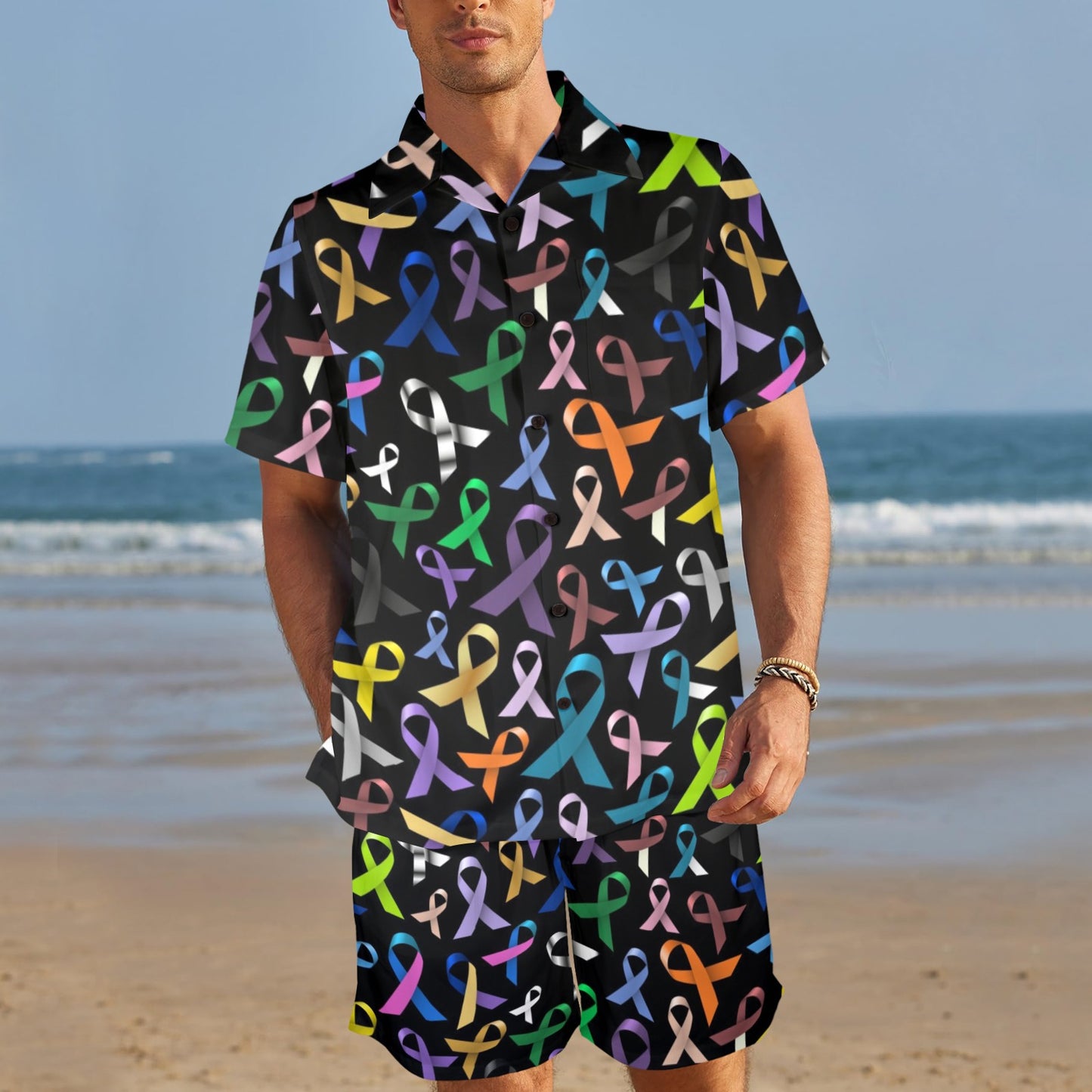 Breast Cancer Awareness Colorful Print Men's Beach Shirt and Shorts Set