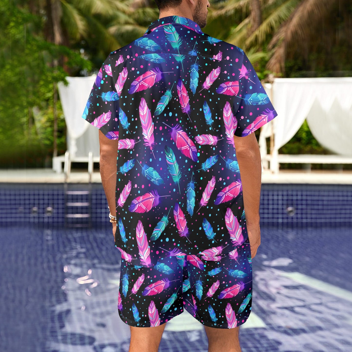 Feather Colorful Boho Design Print Men's Beach Shirt and Shorts Set