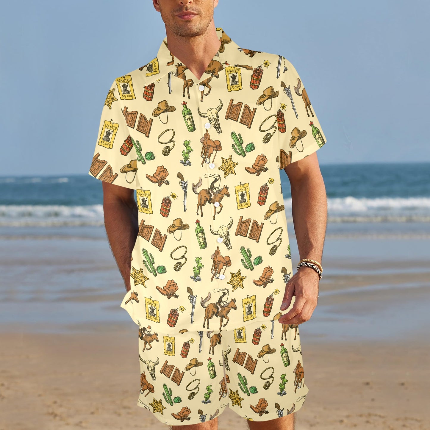 Cowboy Pattern Print Design 04 Men's Beach Shirt and Shorts Set