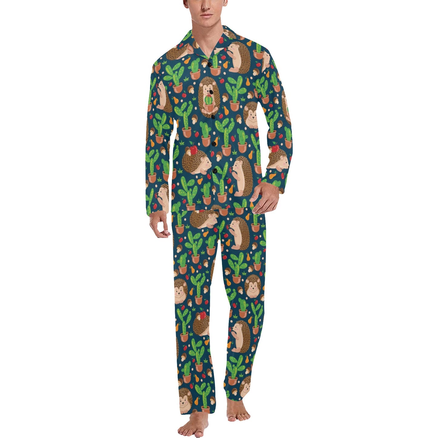 Hedgehog Cactus Pattern Print Design 04 Men's Long Pajama Set