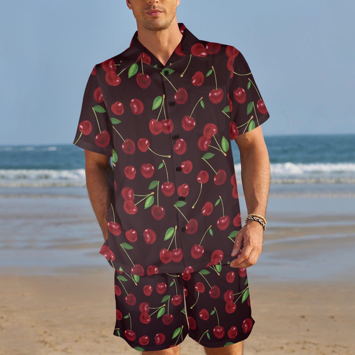Cherry Fresh Pattern Men's Beach Shirt and Shorts Set