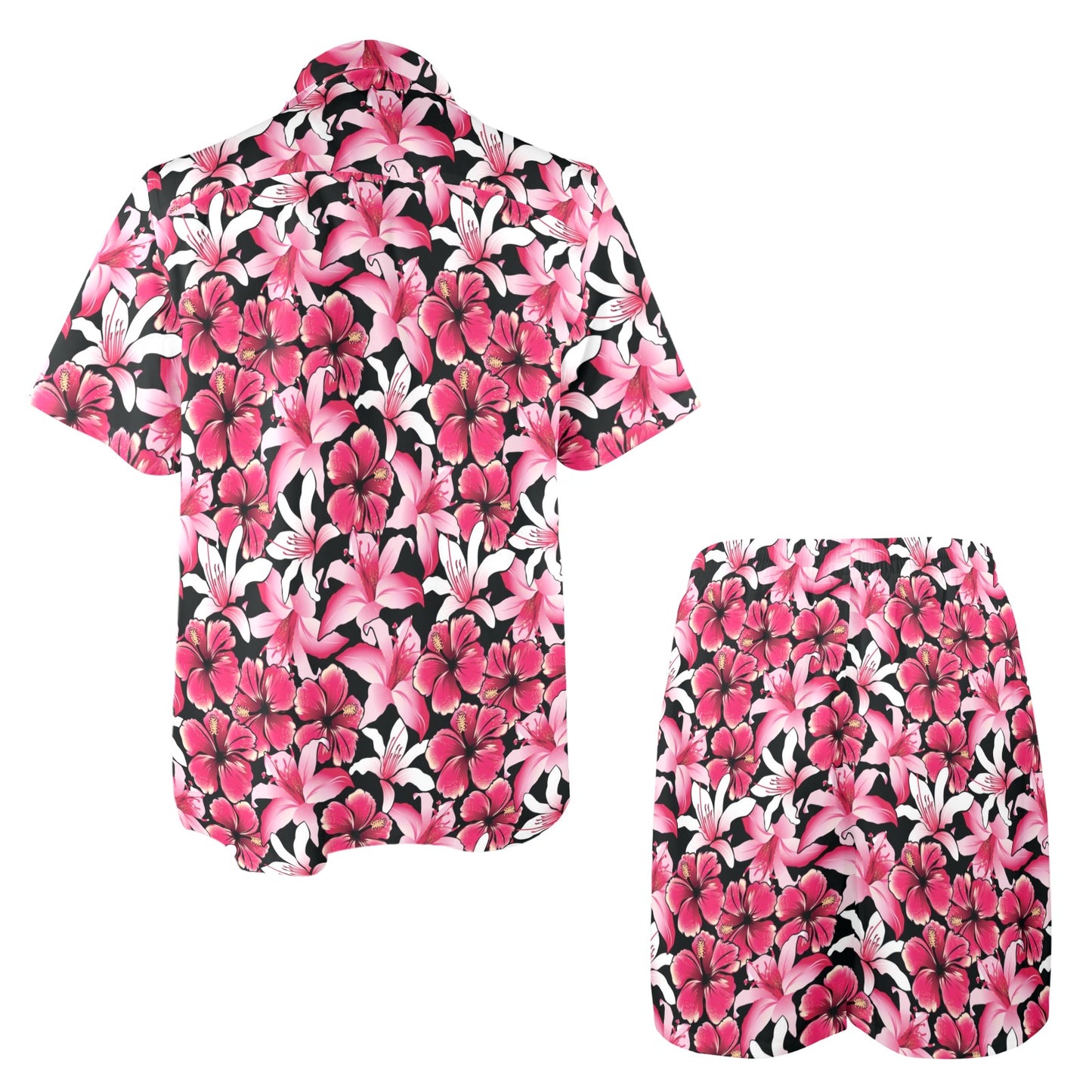 Flower Hawaiian Pink Red Hibiscus Print Men's Beach Shirt and Shorts Set