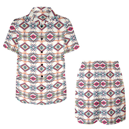 Indian Navajo Art Themed Design Print Men's Beach Shirt and Shorts Set