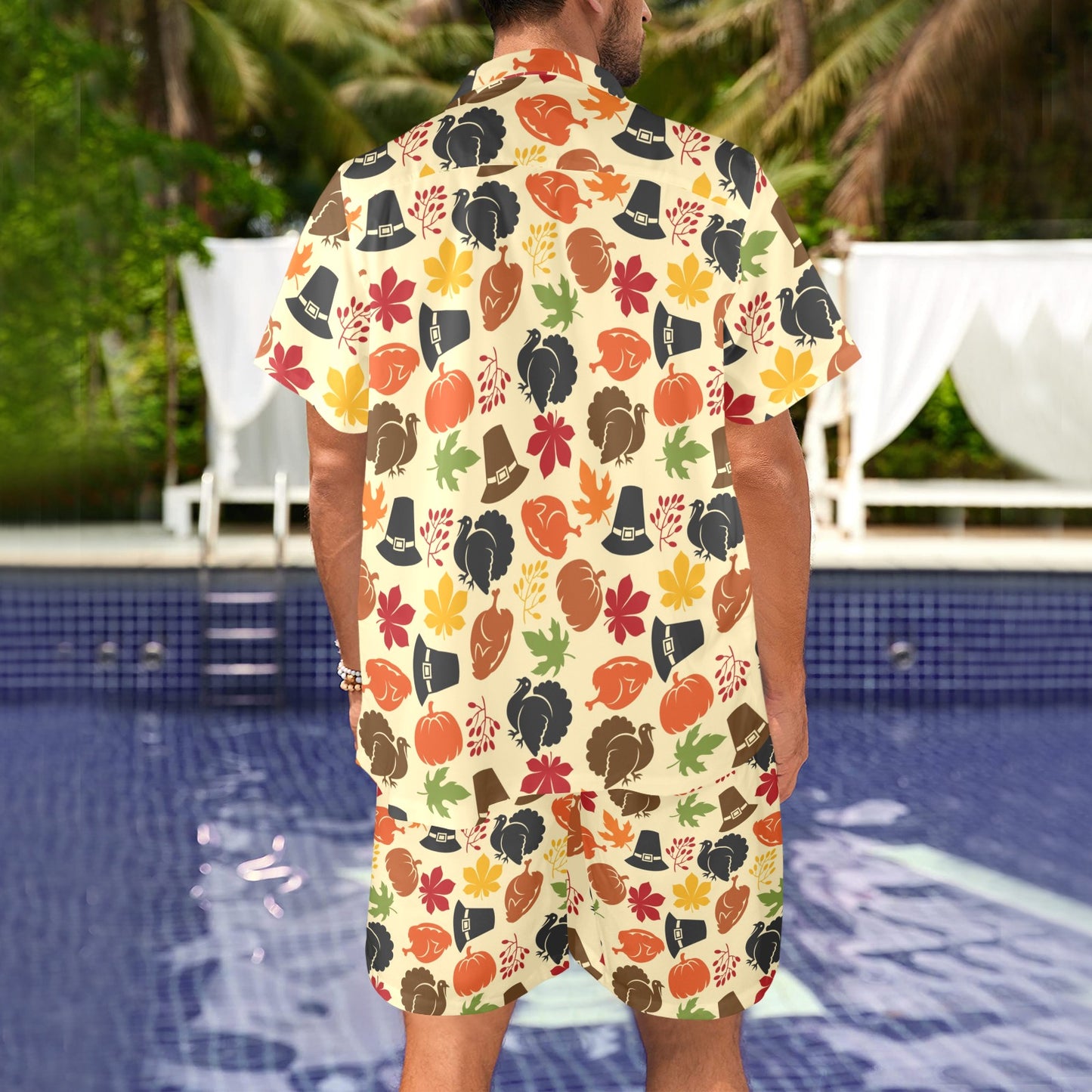 Thanksgiving Print Design LKS303 Men's Beach Shirt and Shorts Set