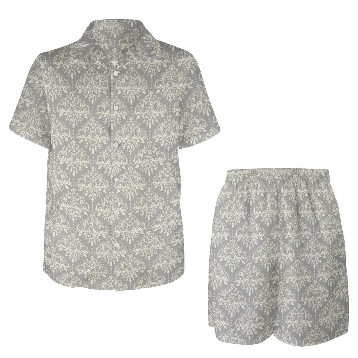Damask Grey Elegant Print Pattern Men's Beach Shirt and Shorts Set