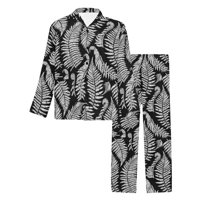 Fern Leave Black White Print Pattern Men's Long Pajama Set