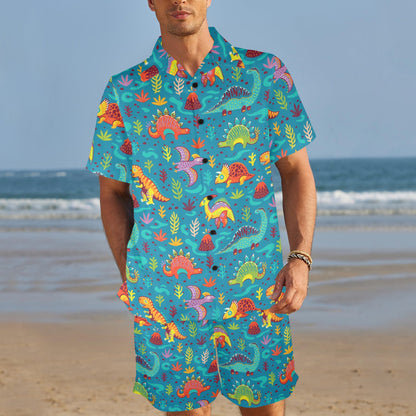 Dinosaur Cartoon Style Men's Beach Shirt and Shorts Set