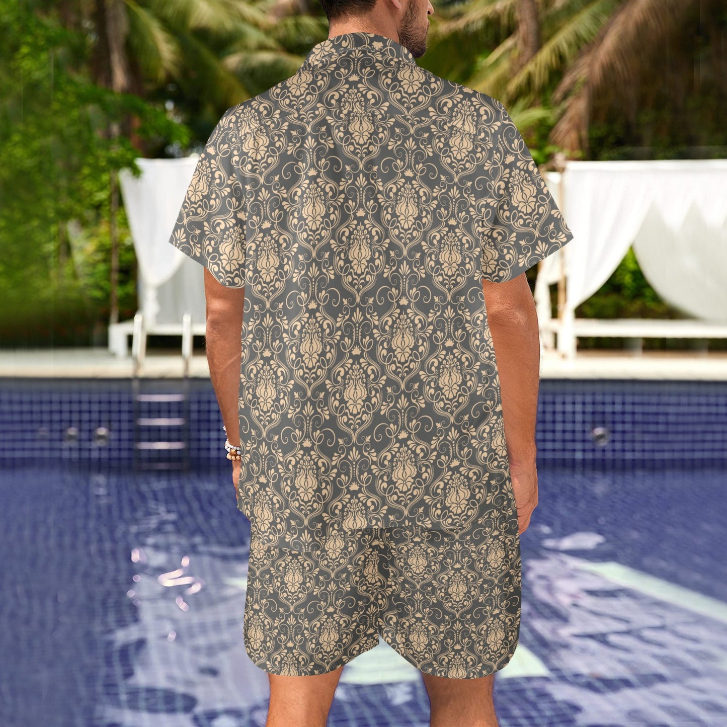 Damask Elegant Luxury Print Pattern Men's Beach Shirt and Shorts Set