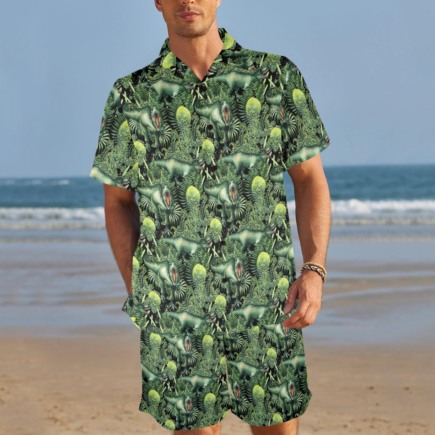 Dinosaur T Rex Print Pattern Men's Beach Shirt and Shorts Set