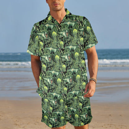Dinosaur T Rex Print Pattern Men's Beach Shirt and Shorts Set