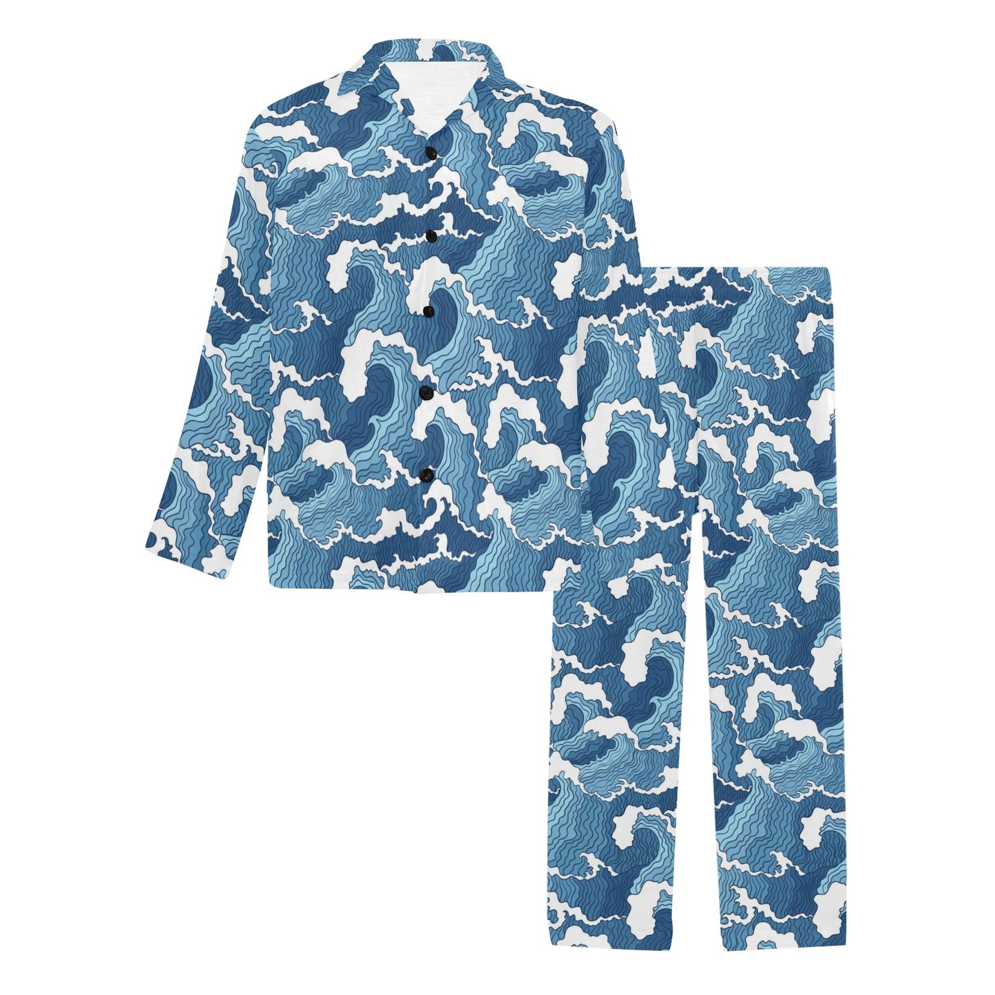 Wave Themed Pattern Print Men's Long Pajama Set
