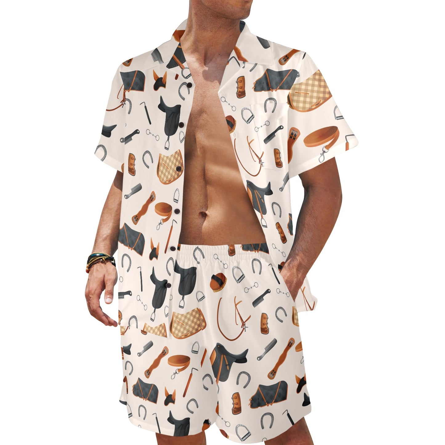 Equestrian Equipment Print Pattern Men's Beach Shirt and Shorts Set