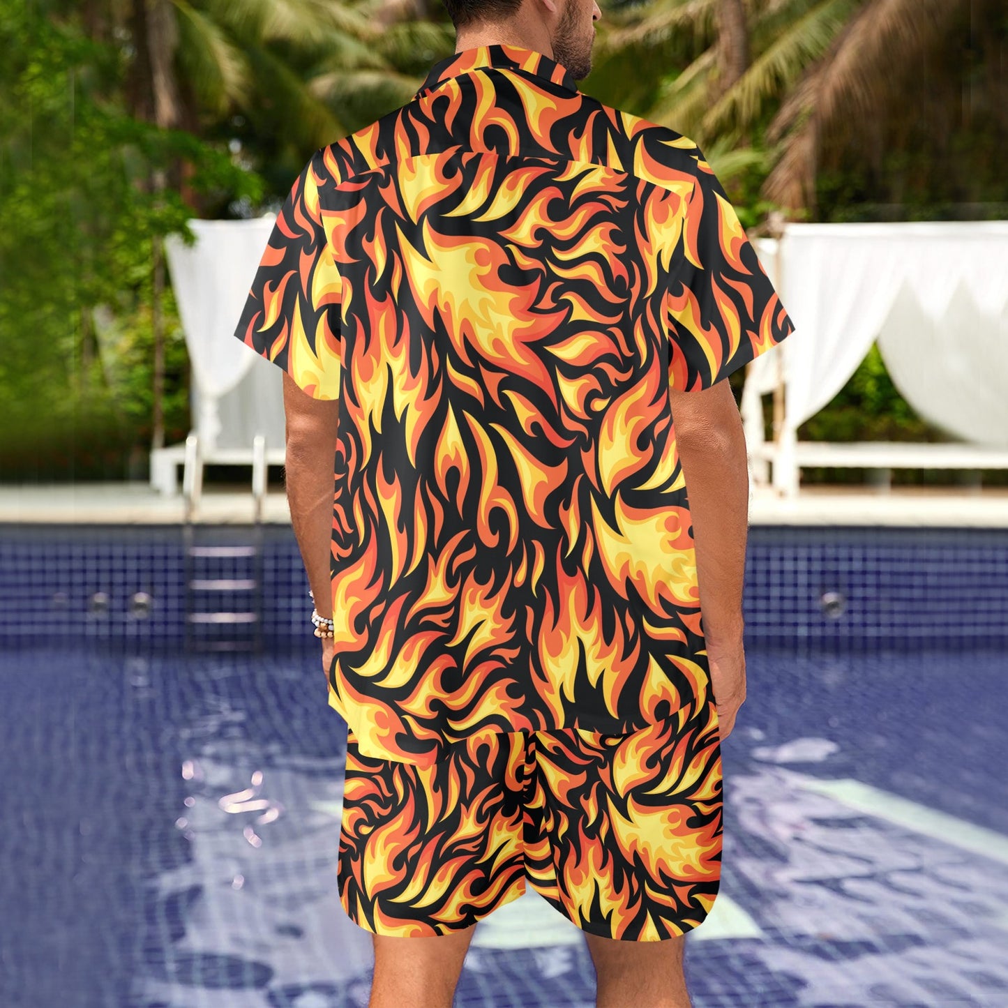 Flame Fire Design Pattern Men's Beach Shirt and Shorts Set