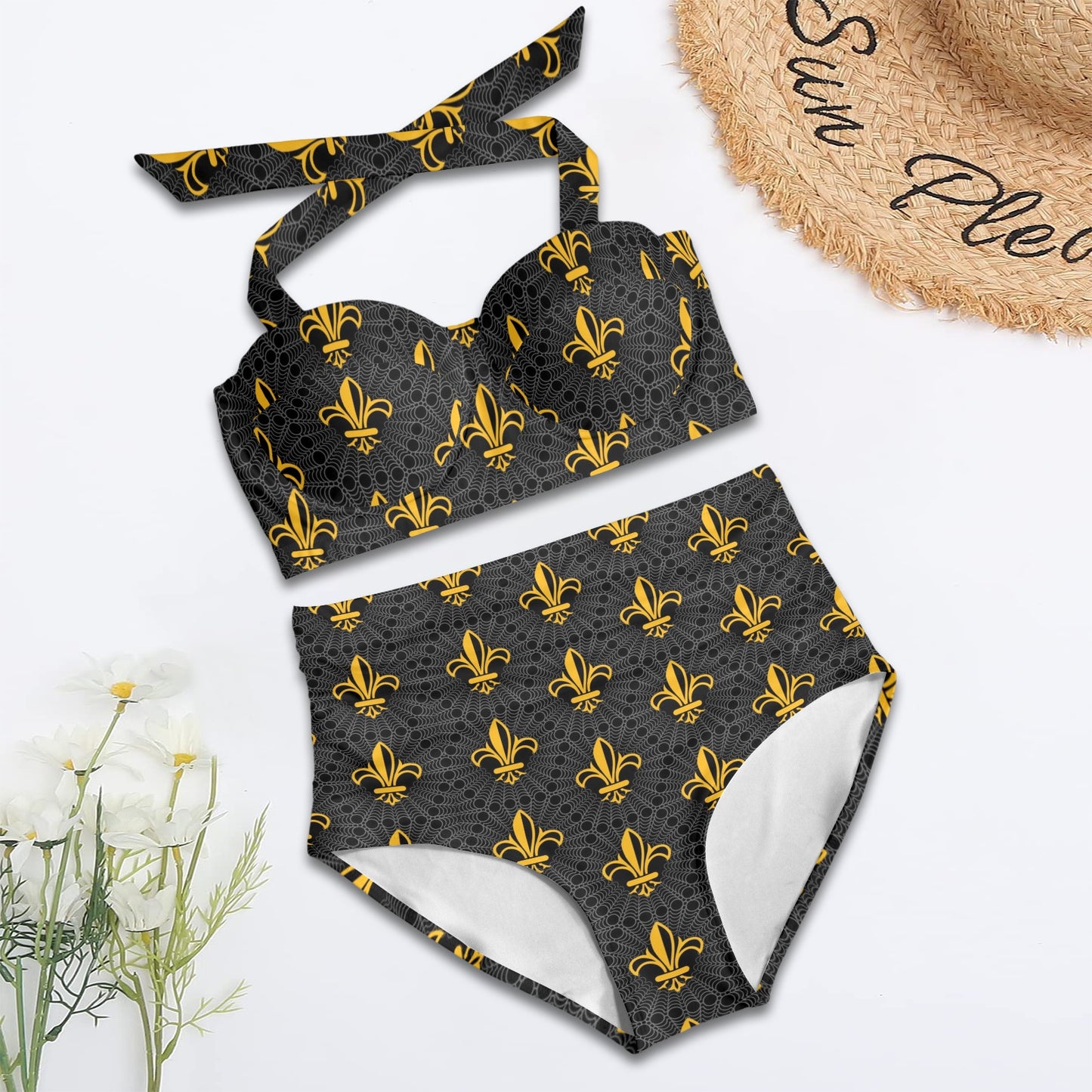 Fleur De Lis Gold Pattern Print Design 01 Halter Neck Bikini Swimsuit