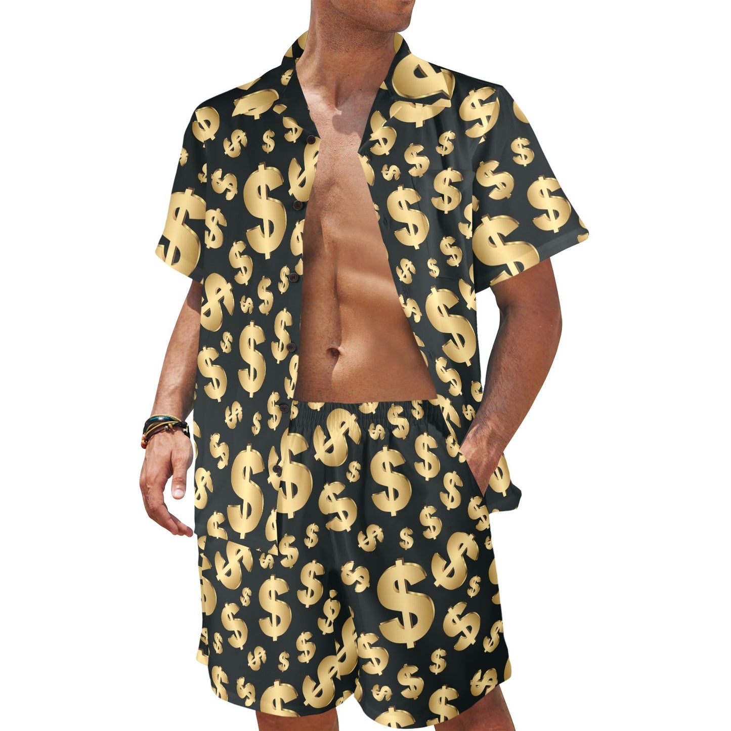 Dollar Pattern Print Design DO04 Men's Beach Shirt and Shorts Set